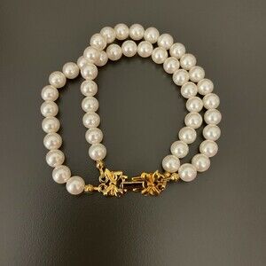 Avon Faux Pearl White Beaded Strands Gold-tone Bows Fashion Bracelet NWOT
